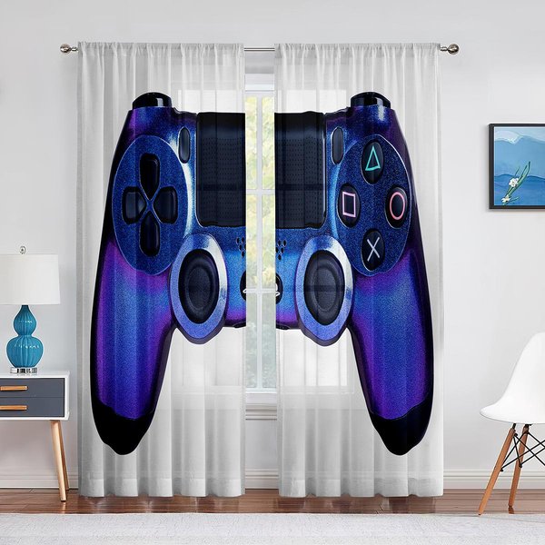 Gamepad Gamer Sheer Voile Curtains Kontroler Gier Wideo Fajne Okna Tiulowe ZasłOny Do Salonu ChłOpcy DziewczęTa WystróJ Sypialni 1 PCS W200Xh250Cm&Rod Pocket-image