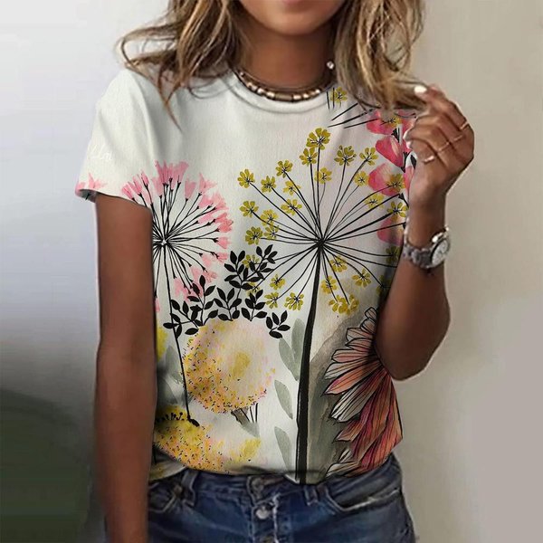 Letnie Koszulki Z Nadrukiem 3D W Kwiaty Kobiety Streetwear Casual Moda Y2K Koszulka Z KróTkim RęKawem Dekolt O T-Shirty Top Odzież 6XL White-image