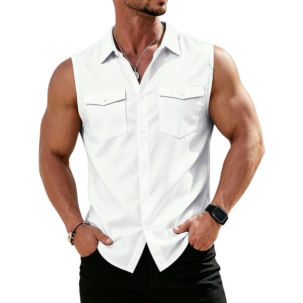 Camisa De Hombre Sin Mangas Con Botones, Cuello Y Bolsillos En El Pecho, Corte Casual Para Uso Diario Y Actividades Al Aire Libre XXL Blanco-image