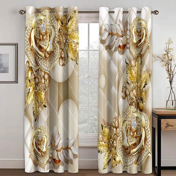 2 Szt. Kwiat Czerwonej RóżY Diamentowe ZłOto 3D Design Luksusowa Dziewczyna ZasłOny Okienne Do Salonu Sypialnia Drzwi Kuchenne PrzedpokóJ Home Decor W85H200(Cm)X2Pcs&Grommet Top-image