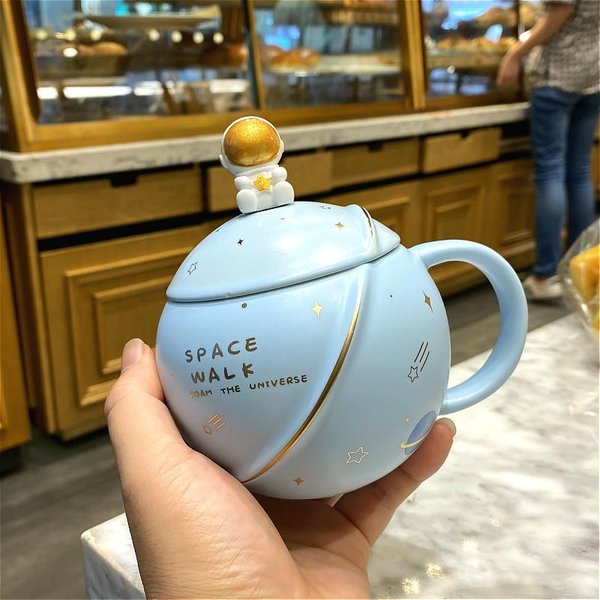 Kubek Planeta Z Pokrywką FiliżAnka Do Kawy Ceramiczny Kubek Na Owsiankę Damski Uroczy Kubek Na Wodę Dla Pary Domowy Kreatywny Kubek ŚNiadaniowy 400Ml White-image