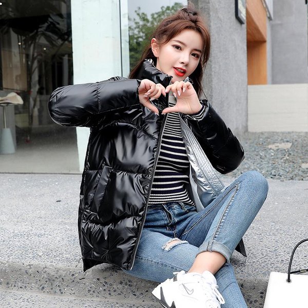 Abrigo Acolchado Brillante Para Mujer, Ropa Corta De Invierno Para Mujer, Abrigo De Pan De Estilo Coreano, Chaqueta Acolchada Con Cuello Levantado Xxxl Negro-image