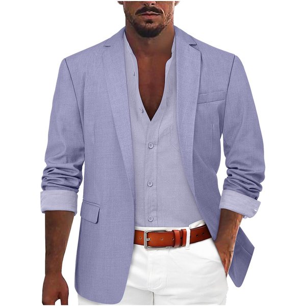 Chaqueta De Traje Casual Para Hombre En Mezcla De Lino Color Caqui Claro Xxxl Morado Claro-image