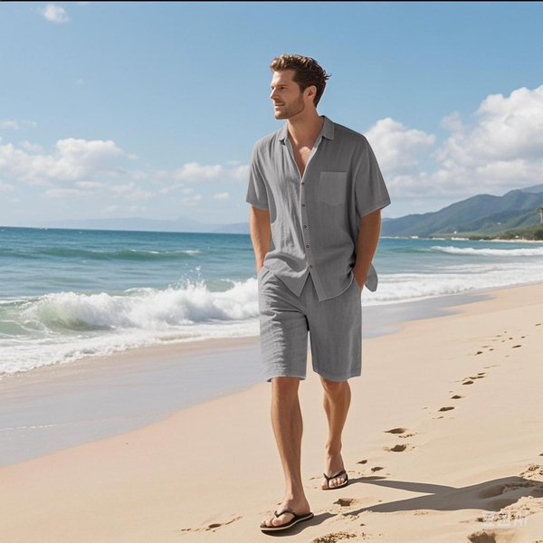 Conjunto De Camisa De Manga Corta Y Pantalones Cortos De Lino Para Hombre - Casual Holgado, Tejido De AlgodóN Y Lino. S-image