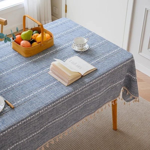 BiałY Obrus Boho Z Haftem Hemmingowym I Paskami, CiężKi Wiejski Obrus Z Juty, Odporny Na Zagniecenia, Zmywalny Obrus 140X240Cm-image