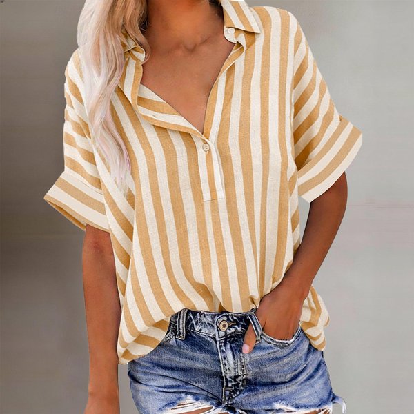 Camisa De Mujer De Corte Holgado Con Rayas Verticales, Manga Corta, Botones, Cuello, Blusa Casual Ligera L Beige-image