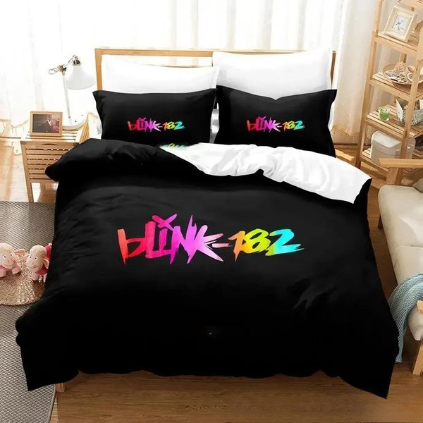 Juego De Cama Con Banda De MúSica Impresa En 3D B-Blink-182 Para NiñOs Y NiñAs, TamañO Individual, Queen, King, Funda NóRdica, Funda De Almohada, Ropa De Cama Para NiñOs, Adultos, Textil Para El Hogar 70X133Cm 2Pcs Black-image