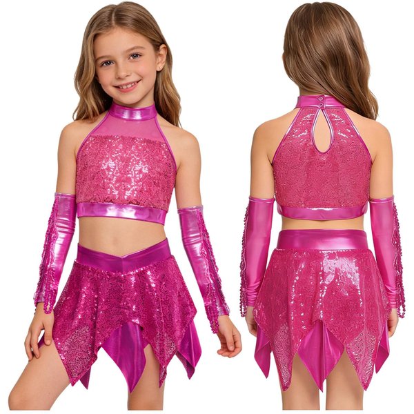 StróJ Na WystęP TańCa Jazzowego Dla Dziewczynek Bez RęKawóW Odkryte Plecy BłYszcząCy Crop Top Z Cekinami Z Asymetryczną Metaliczną SpóDnicą I RęKawiczkami Z Cekinowymi FręDzlami 11-12 Years-image