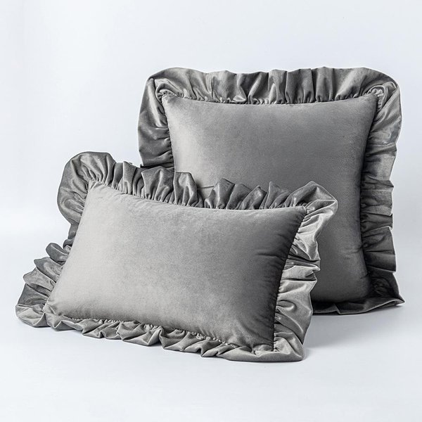Funda De Almohada De Terciopelo Con Volantes, Color Liso, Moderna Y Sencilla, Para Sofá O Oficina, Funda De CojíN Suave Para La Espalda 30*50 Gris-image