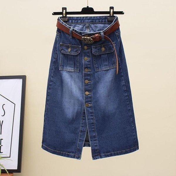 Falda Retro De Primavera Con Un BotóN Para Mujer, Cintura Alta, Ajustada, De Largo Medio, De Mezclilla, Con Abertura En La Cadera, Estilo A XXL Azul Oscuro-image