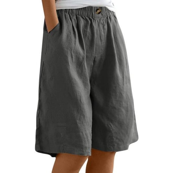 Pantalones Cortos Bermuda Para Mujer Largo Hasta La Rodilla Cintura Alta Holgados Con Bolsillos Cintura EláStica Verano AlgodóN Lino Shorts Para Vacaciones En La Playa L Gris Oscuro-image