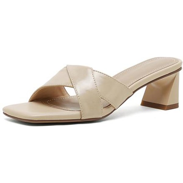 Moda Nuevos Sandalias Retro De Color SóLido Con TacóN Grueso Y Punta Cuadrada Zapatillas De Cuero Vacuno Sandalias De TacóN Grueso Zapatos Sandalias Mujer Chanclas 34 MarróN-image