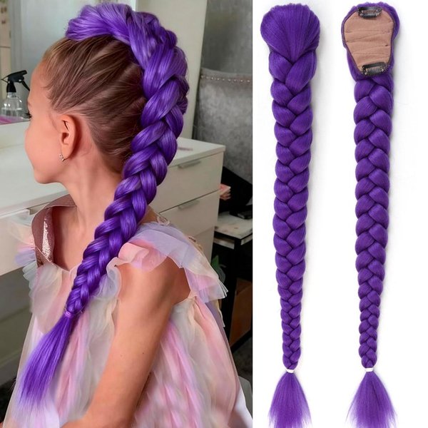 Cola De Caballo SintéTica Trenzada Morada Peinado Disfraz Rumi Cola De Caballo Larga De 26 Pulgadas Con Clips Para NiñOs NiñAs Halloween Navidad White-image