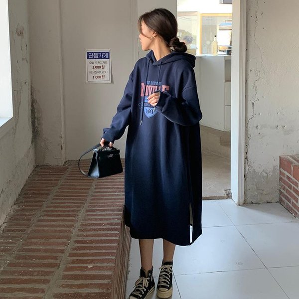 Sudadera De Longitud Media Para Mujer Estilo Coreano Vestido De Manga Larga A Rayas Para Invierno Estilo Coreano Holgado Por Encima De La Rodilla Con Terciopelo One Siz Black-image