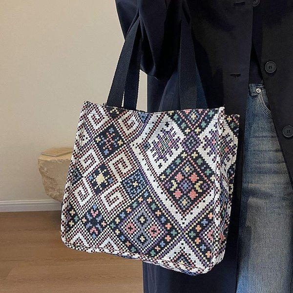 Torba W Stylu Etnicznym, Torba PłóCienna, RęCznie Tkana Torba Typu Tote, Damska Torebka Na Ramię Large Size Gray-image