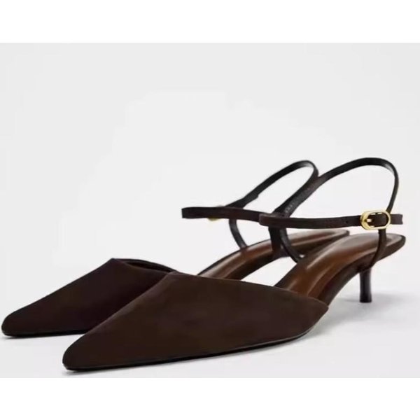 Zapatos De TacóN De Punta Para Mujer En Ante SintéTico MarróN Con Correa Al Tobillo, TacóN De Gatito, DiseñO úNico Con Hebilla MetáLica, Zapatos Slingback 40 Black-image