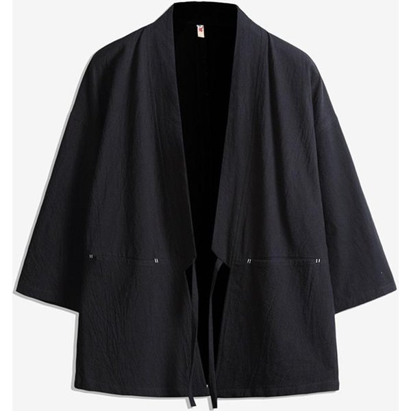 S-5XL MęSki JapońSki Kardigan Kimono BawełNa I Len MęSki Kostium Samuraja Ubranie ChińSki Hanfu Streetwear Kurtka XL Czarny-image