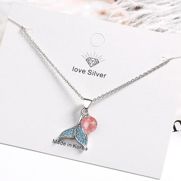 Collares De Plata De Ley 925 Cola De Sirena Con Cristal De Fresa Natural Circonita CúBica JoyeríA Para Regalos De Mujer S -N450 40Cm Add 3.5Cm-image