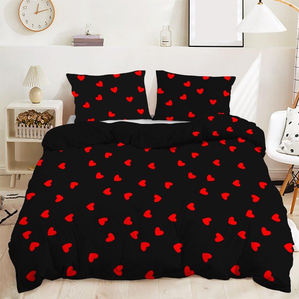 Juego De Ropa De Cama De 3 Piezas Con Cierre De Cremallera Funda NóRdica CorazóN Rojo TamañO Queen Fundas De EdredóN PatróN CorazóN De Amor Juego Estampado Lindo 140X200Cm 3Pcs-image