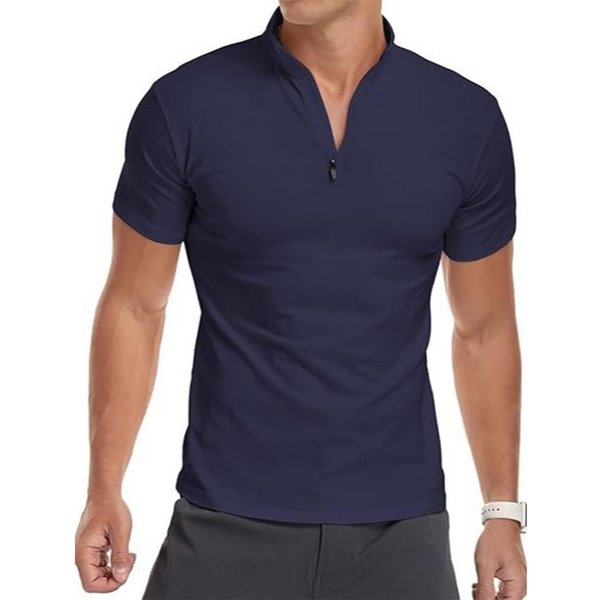 Camisa Polo De Manga Corta Para Hombre Con Cuello De Cremallera Casual Ajuste Delgado Tejido Ligero Suave EláStico Top Xxxl Azul Oscuro-image