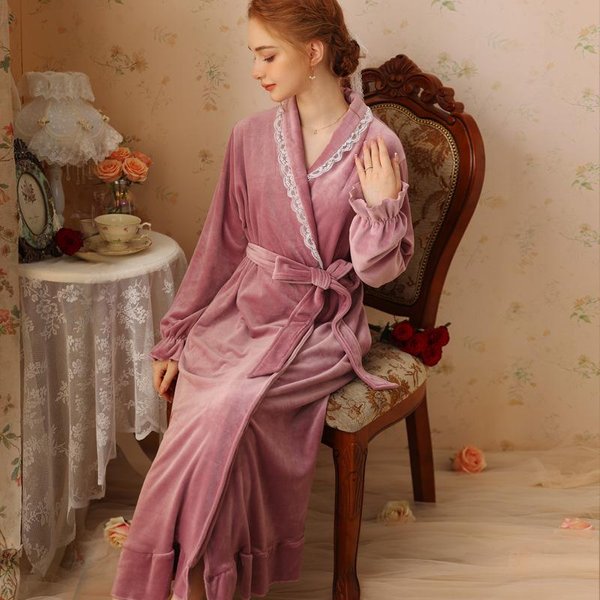 Bata De Terciopelo Para Mujer OtoñO Invierno Manga Larga Albornoz Estilo Corte Pijama De Terciopelo FrancéS Rojo Nupcial Bata De MañAna Engrosada Ropa De Casa L Brown-image
