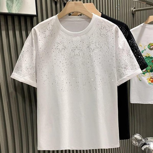 Letni T-Shirt Z Nitami Z Cyrkonii Dla MężCzyzn Odzież OkrąGłY Dekolt Casualowy T-Shirt Moda High Street MęSki Letni KróTki RęKaw XL White-image