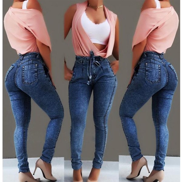 DżInsy Z Wysokim Stanem Dla Kobiet Slim Elastyczny DżInsowy DżIns Bodycon FręDzle Pasek Bandage Skinny Push Up DżInsy Kobieta Ubranie 4XL 5XL 3XL-image