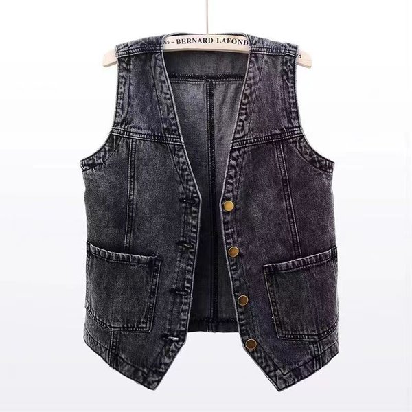 Plus Rozmiar Damski Guzik Z Przodu DżInsowa Kamizelka Vintage V Neck Bez RęKawóW Kamizelka DżInsowa Damska Jesienna Odzież Wierzchnia Kardigan Topy M Czarny-image