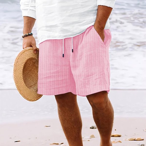 Pantalones Cortos De Lino Y AlgodóN Con MúLtiples Bolsillos Y CordóN Ajustable Para Playa A Rayas Para Hombre L-image