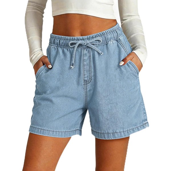 Shorts Vaqueros De Cintura Alta Para Mujer Talla Grande EláSticos Cintura EláStica CordóN Casuales Vaqueros Con Bolsillos Corte Relajado L-image