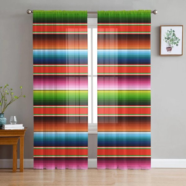 MeksykańSkie Paski Kolorowe Paski Przezroczyste ZasłOny Do Dekoracji Salonu ZasłOna Okienna Kuchnia Tiul Woal Organza Draperie W135 X H115Cm X1&Grommet Top-image