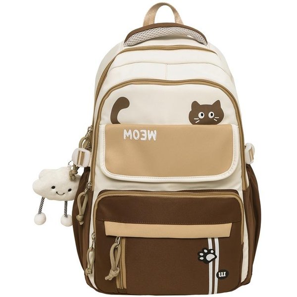 Mochila Escolar Linda Con Estampado De Gato Para NiñAs Gran Capacidad Bolso Para Estudiantes MúLtiples Bolsillos Ligera Mochila De Viaje Diaria Mochila Universitaria MarróN-image