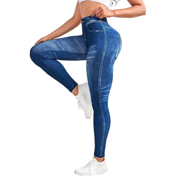 Damskie Sportowe Legginsy Do Jogi Faux Jeans Denim Skinny Dopasowane Bezszwowe Fitness PodnosząCe PośLadki Spodnie Outdoor M-image