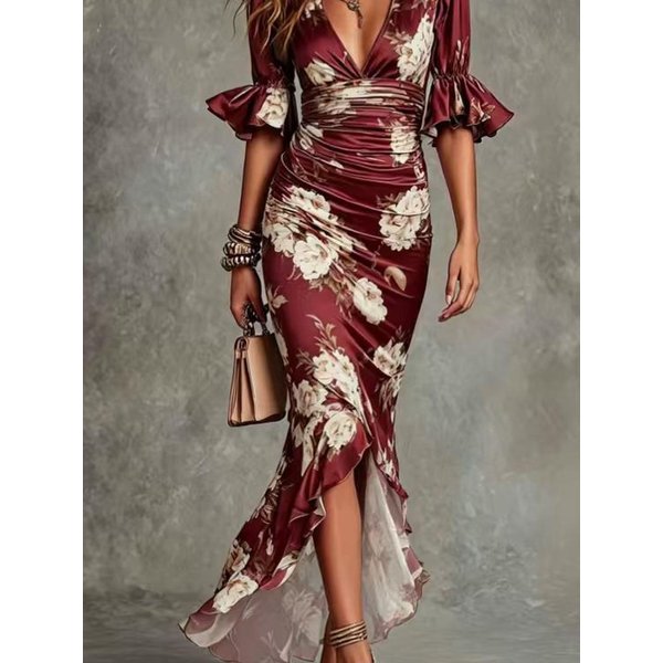 Vestido Largo De Verano Nuevo Estilo Con Cuello En V Ajustado Al Cuerpo Con Estampado Floral Y Dobladillo Fruncido Vestido Elegante XL-image