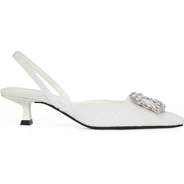 Verano Mujeres Zapatos De SalóN De Cristal Elegantes Tacones De Gatito Zapatos De Boda Punta Afilada Tacones Altos Slingback Tela PedreríA Sandalias 35 White-image