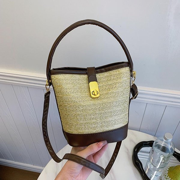 Bolso De Moda Tejido A Mano Para Mujer Nuevo Bolso Tejido De Paja Texturizado De Alta Gama Bolso Bandolera De Hombro Bolso Casual Tipo Cubo-image