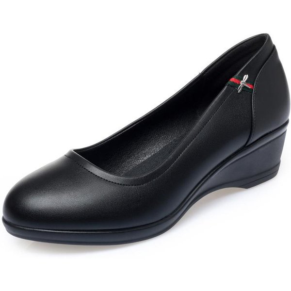 Zapatos De TacóN De CuñA Antideslizantes, CóModos E Informales, De Piel SintéTica Negra, Con Punta Redonda Y Boca Baja, Para Mujer, Primavera 36 Black-image