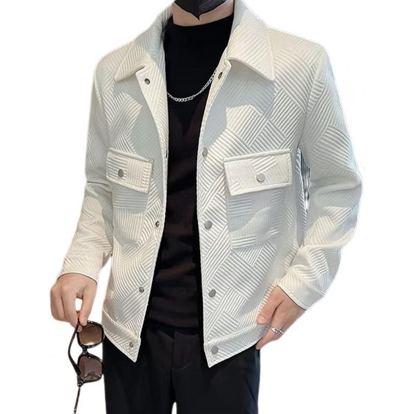 Chaqueta De Hombre Con Solapa, Manga Larga, Bolsillos Con Solapa, Chaqueta De Un Solo Pecho, Abrigo Con Estampado De Jacquard A Rayas De Color Liso, Prendas De Vestir Exteriores M Blanco-image