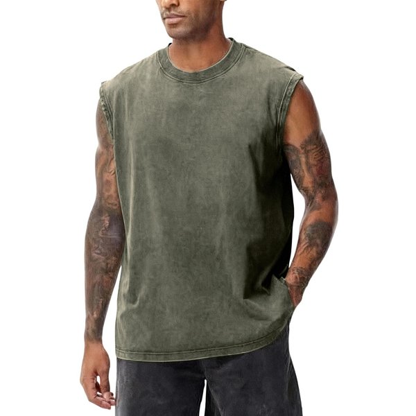 Camiseta Sin Mangas De Punto De AlgodóN Para Hombre Cuello Redondo Ajuste Holgado Informal BáSica Lisa Camisa Camiseta Interior Para Entrenar Estilo Streetwear Xxxl Verde Del EjéRcito-image