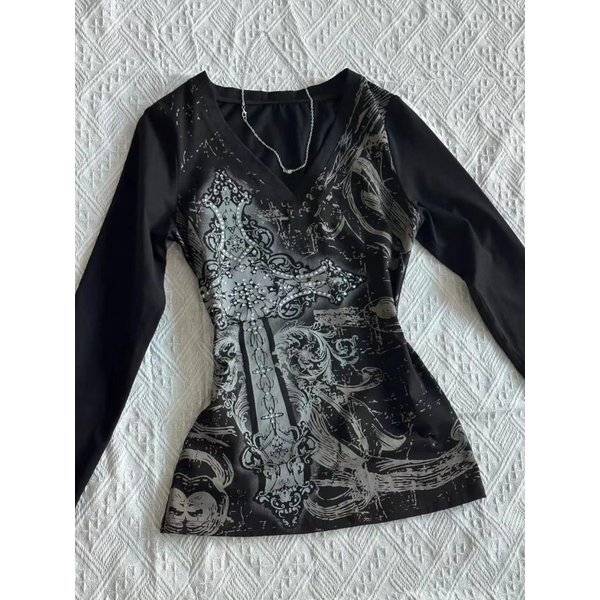 Camisetas Negras GóTicas Americanas Vintage De Los 2000 Para Mujer Estilo Punk GráFico Grunge Camisetas Harajuku Y2K Tops De Manga Larga Ropa De Calle M Gray-image
