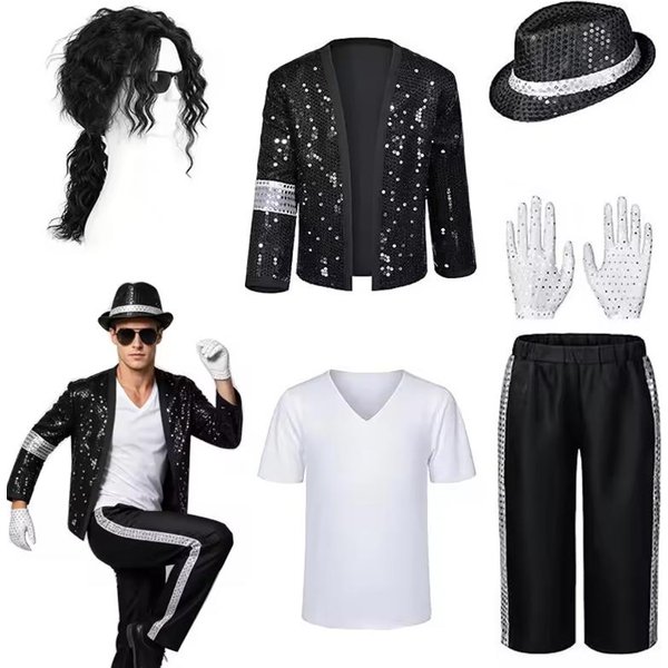 Disfraz De Cosplay De Michael Jackson Para Adultos Peluca Fiesta De Halloween Ropa Para ActuacióN En Escenario Hip Hop AñOs 80 90 Traje De Baile Punk Traje XL-image