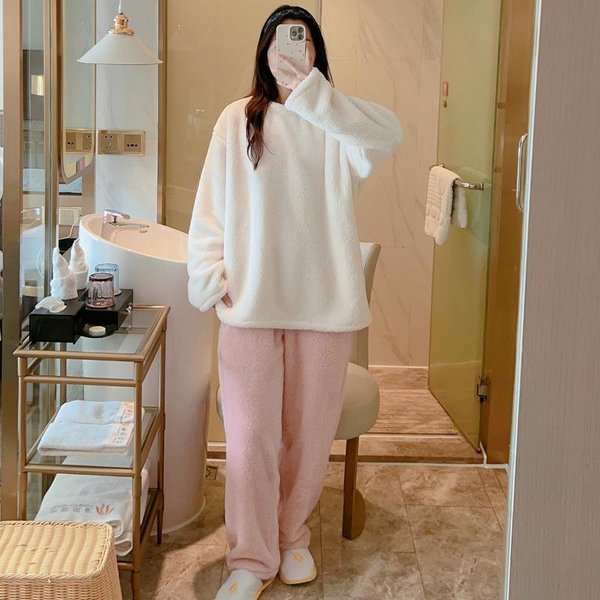 Conjunto De Pijama CáLido De Invierno Para Mujer, Pijama De VellóN Coral, Pijama Grueso De Franela Con Dibujos Animados, Ropa De Casa Oversize, Pijama Oversize XL White-image