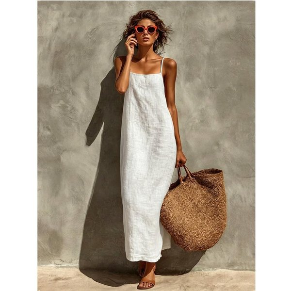 Vestido De Tirantes Liso De Verano Nuevo Para Mujer, Vestido Midi Holgado, CóModo, Casual, Sin Mangas S Blanco-image