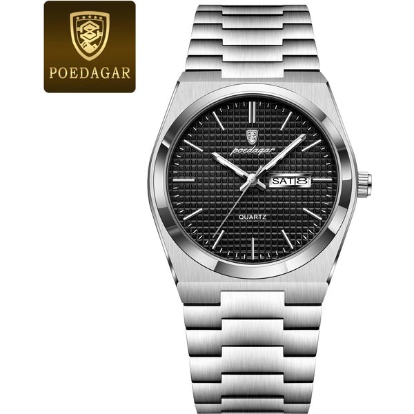 Poedagar Relojes De Cuarzo De Lujo Para Hombre De Negocios Fecha Semana Hombre Reloj De Acero Inoxidable Resistente Al Agua Luminoso Moda Reloj De Pulsera+Caja Negro/Plata-image