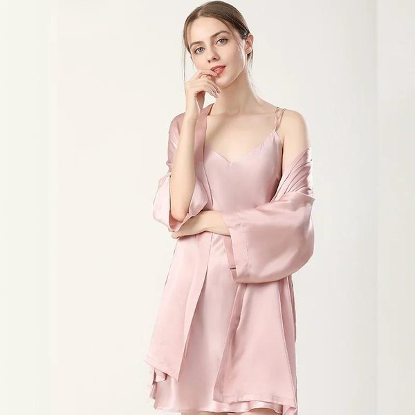 Jedwabna PiżAma I Szlafrok Zestaw 2-CzęśCiowy Seksowny Damski Jedwab Morwowy Szlafrok Zestaw Koszuli Nocnej Casual Kimono PiżAma PiżAma 2XL Gray-image