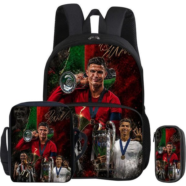 Sportowy Plecak Z Przednią Kieszenią PiłKa NożNa Zestaw 3 Szt. Ronaldo Tornistry Plecakowe Plecak Studencki Torba Na Ramię CR Gwiazda PiłKi NożNej PióRnik Black-image