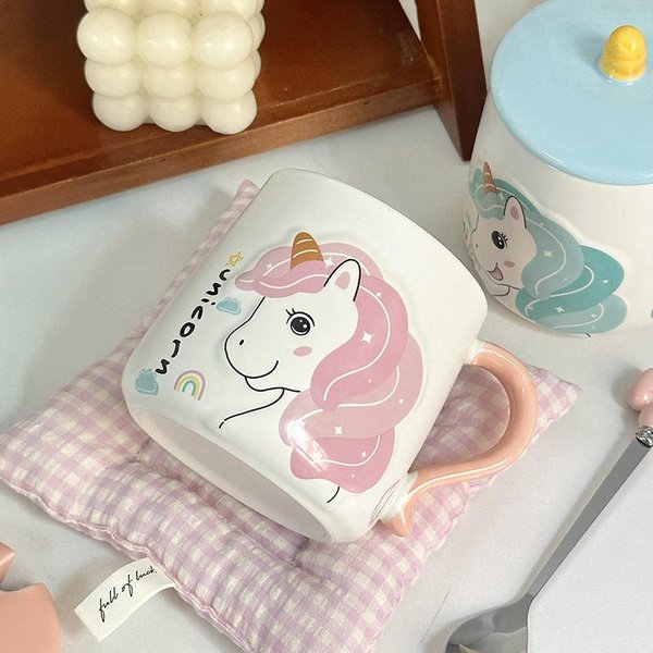 Uroczy TęCzowy JednorożEc Ceramiczny Kubek Z Pokrywką ŁYżEczką DziewczęCe Serce Kubek Na Napoje Biurowy Kubek Do Kawy Prezent 401-500Ml White-image