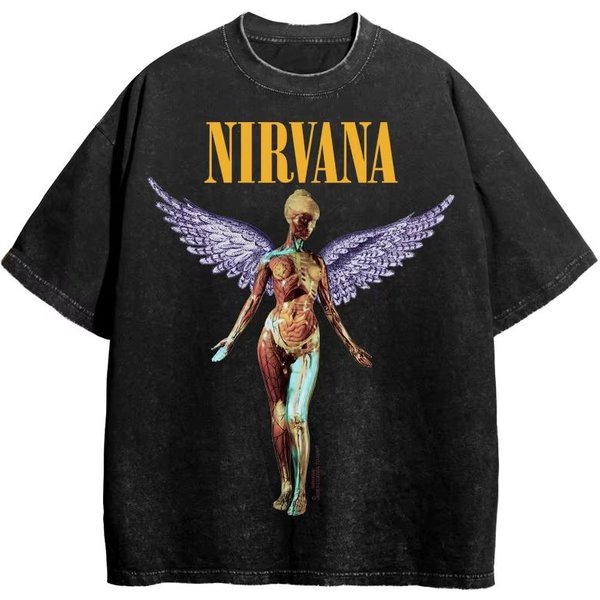 Camiseta De AlgodóN Lavado Retro Para Hombre De La Banda De Rock Nirvana In Utero Camiseta De Gran TamañO Y2K Desgastada Casual Holgada Streetwear 2XL Black-image