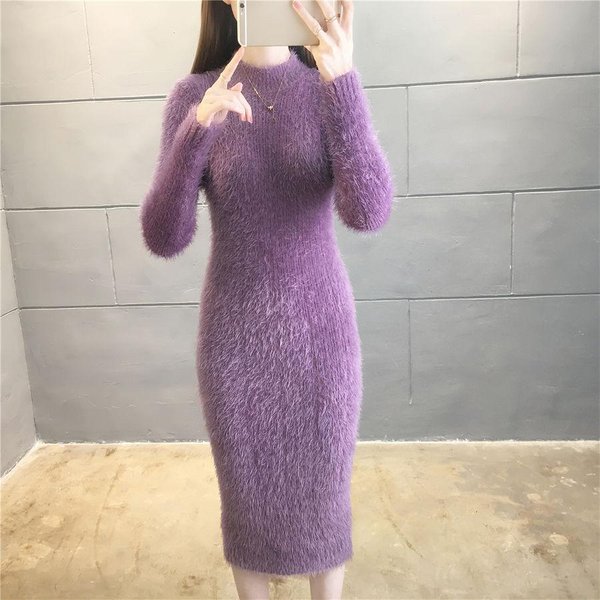 Vestido De Punto Ajustado Y Grueso De OtoñO E Invierno, Estilo Ultralargo Con Abrigo, Vestido De SuéTer Con Base Por Encima De La Rodilla S Gray-image
