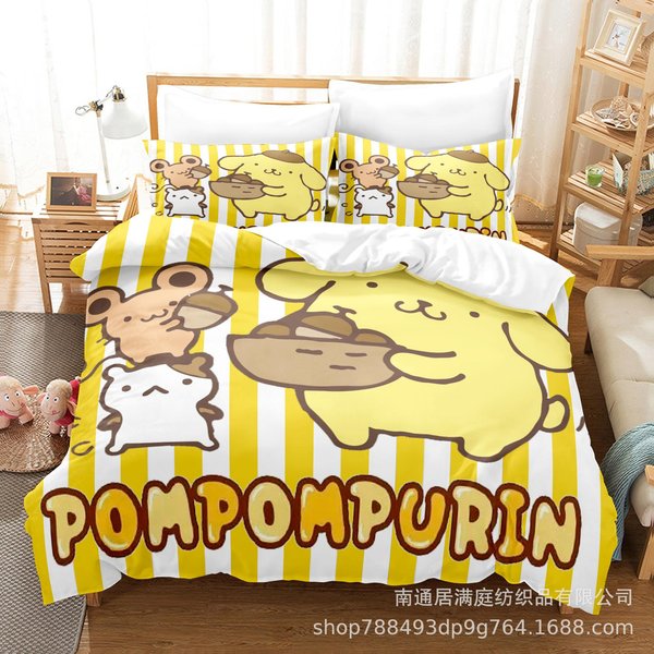 Lindos Juegos De Cama De Pom Pom Purin EdredóN Colcha Cubrecama Funda NóRdica Funda De Almohada Juegos De 2-3 Piezas TamañO Infantil Adulto DecoracióN De Dormitorio AU Double180X210Cm-image